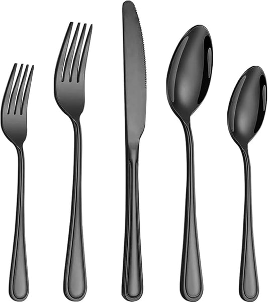 20 Pcs Black Silverware Set for 4 with Simple Striped Handle Design, Food Grade Stainless Steel Flatware Set, Eating Utensils Sets Include Fork/Knife/Spoon, Cutlery Set, Dishwasher Safe-Ruum Studio Home