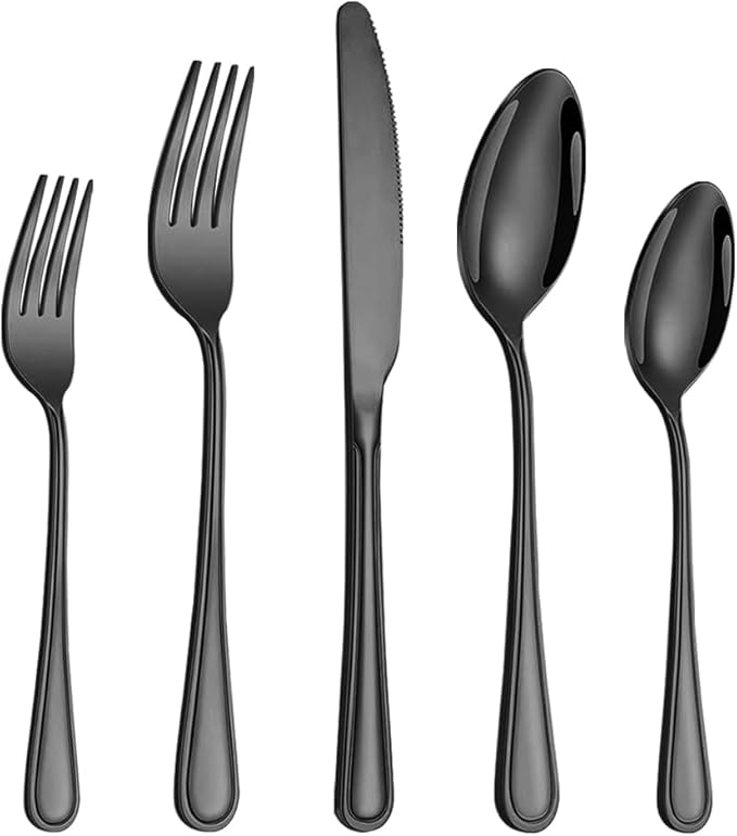 40 Pcs Black Silverware Set for 8 with Simple Striped Handle Design, Food Grade Stainless Steel Flatware Set, Eating Utensils Sets Include Fork/Knife/Spoon, Cutlery Set, Dishwasher Safe-Ruum Studio Home