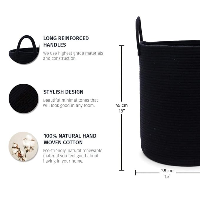 OrganiHaus Woven Laundry Basket - Large Round Black Rope Basket for Dirty Clothes, Blankets, Toys & Nursery Organizers - 38x45cm-Ruum Studio Home