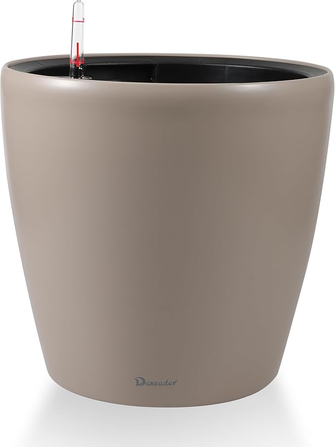 Dexceder 13x12 Self Watering Planter with Wheels Indoor Outdoor, Inner Pot Design, Thickened Large Floor Standing Flower Plant Pot with Water Level Indicator (Taupe Matte)-Ruum Studio Home