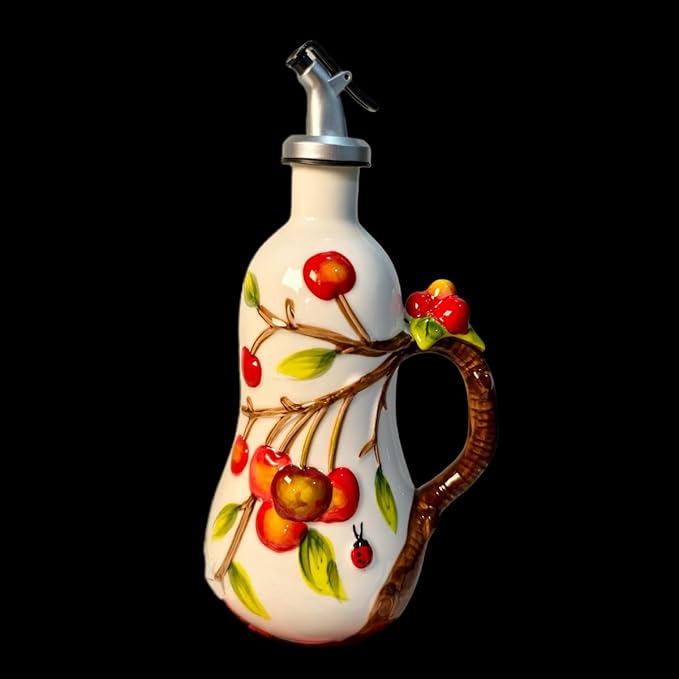 18 Oz Hand Painted Relief Ceramic Olive Oil Bottle Dispenser for Kitchen, Oil and Vinegar Bottle, Seasoning Bottle with Stainless Steel Nozzle, 540mL Oil Container with Handle for Cooking, Light Proof-Ruum Studio Home