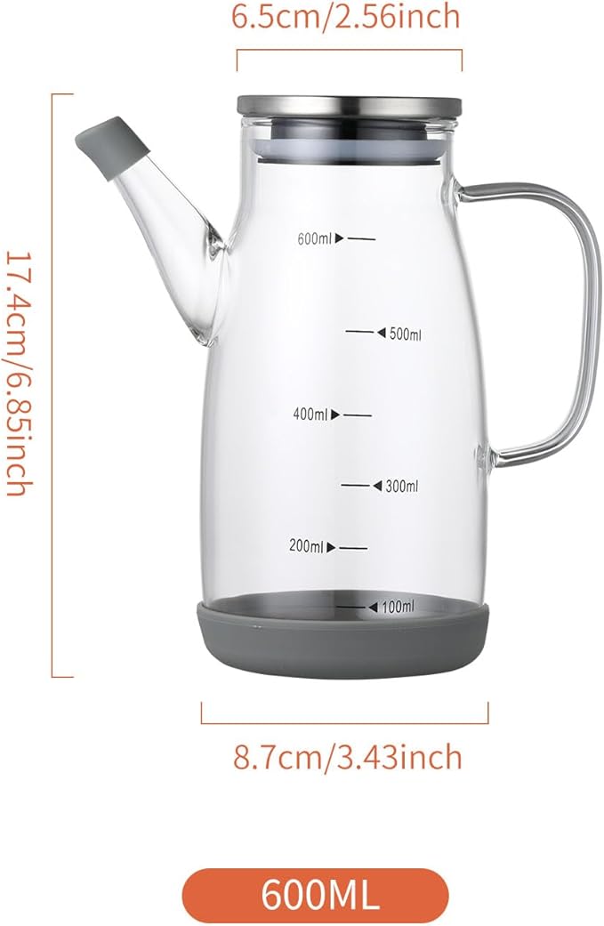 Large Glass Oil Dispenser Bottle for Kitchen Cooking Recipiente Para Aceite De Cocina Olive Oil Vinegar Dispenser Cruet Stainless Steel Lid No Drip Liquid Container (Clear, 20oz / 600ml)-Ruum Studio Home