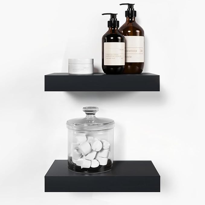 Homeforia Floating Shelf Black 12 inch, High End Solid Real Wood Small 12inch Floating Shelves for Wall Mounted, Black Wooden 12 in Floating Shelves, Heavy Duty Bracket, 12 X 6.5 X 1.75 inch, Set of 2