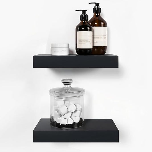 Homeforia Floating Shelf Black 12 inch, High End Solid Real Wood Small 12inch Floating Shelves for Wall Mounted, Black Wooden 12 in Floating Shelves, Heavy Duty Bracket, 12 X 6.5 X 1.75 inch, Set of 3-Ruum Studio Home