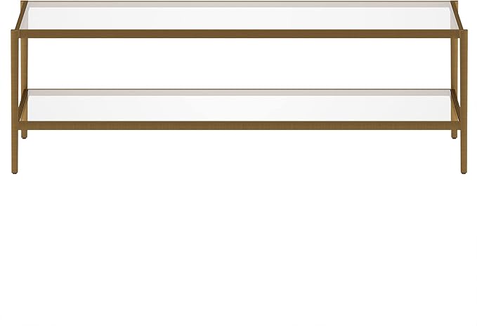 Henn&Hart 54" Wide Rectangular Coffee Table with Glass Shelf in Antique Brass, Modern coffee tables for living room, studio apartment essentials-Ruum Studio Home