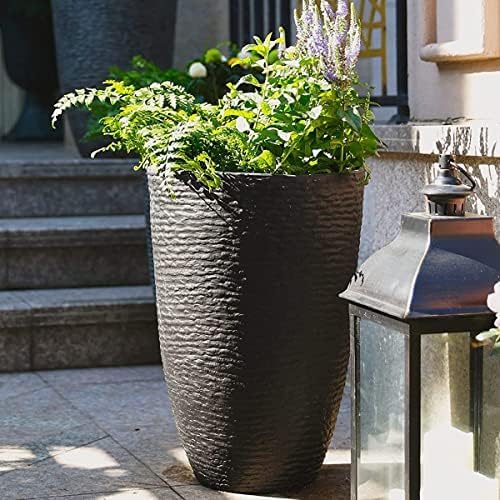 WORTH Garden 21" H Tall Planters 2 Pack - 14'' Dia Resin Large Round Black Flower Pots for Outdoor Plants Trees - Imitation Stone Finish Plastic Indoor Front Porch 9 Gallon Decorative Container Patio-Ruum Studio Home