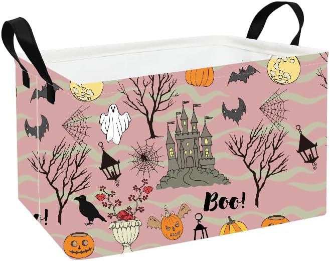 FANKANG Storage Bins, Halloween Nursery Hamper Canvas Laundry Basket Foldable with Waterproof PE Coating Storage Baskets for Kids Boys and Girls, Office, Bedroom, Clothes,Toys(Rec-Halloween Castle-Ruum Studio Home