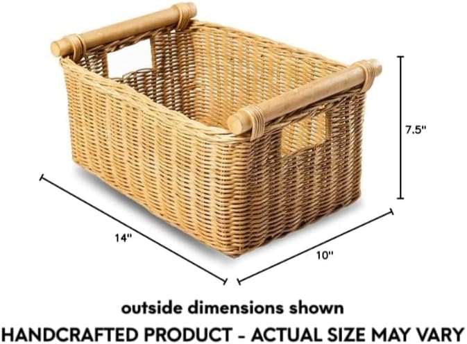 The Basket Lady Pole Handle Wicker Storage Basket, Small, 14 in L x 10 in W x 7.5 in H, Sandstone-Ruum Studio Home
