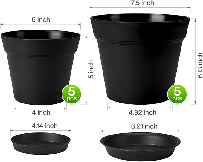 homenote Plant Pots,6/7.5 Inch Flower Pots for Plants Plastic Planters for Indoor with Multiple Drainage Holes and Trays, for All Home Garden Flowers Succulents,Outdoor(Black,10 Pack)-Ruum Studio Home
