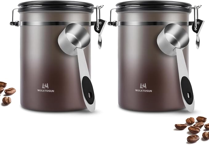 Coffee Canister Airtight Storage Container Stainless Steel Coffee Jar with Scoop,Date Tracker CO2 Release Valve for Dry Food Beans Ground Tea Flour Cereal and Sugar (1.8L Grey-Brown With Spoon(2pcs))-Ruum Studio Home