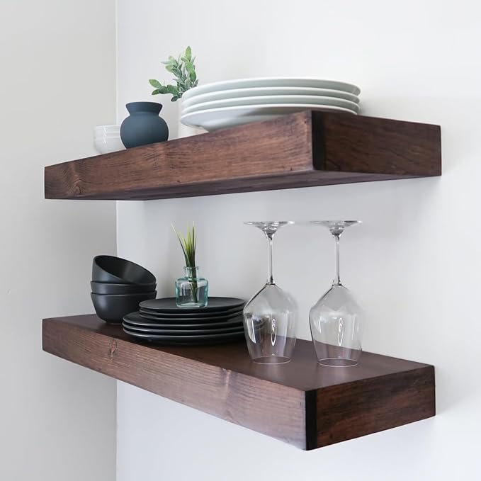 Modern Floating Shelves 3 Inches Thick for Wall, Wide Shelves for Kitchen, Living Room, Bedroom, and Bathroom, Natural Pine Wood, Rustic Wooden Shelf, (Set of 2) (Provincial, 36Lx3Hx8D)-Ruum Studio Home