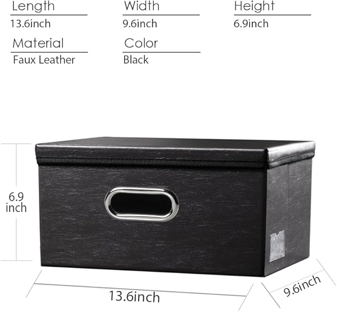PRANDOM Collapsible Storage Box with Lid [3-Pack] Leather Fabric Foldable Storage Bin Organizer Container Basket Cube with Cover for Home Bedroom Closet Office Nursery Black(13.6x9.6x6.9)-Ruum Studio Home