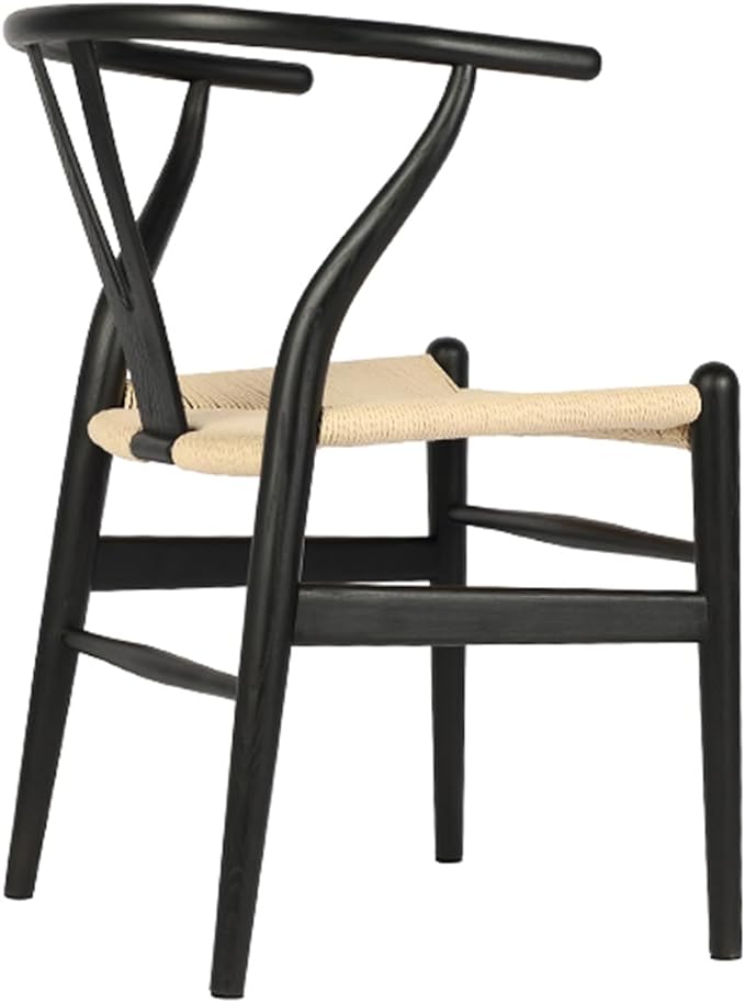 Tomile Solid Wood Wishbone Chair Y Chair Mid-Century Armrest Dining Chair, Hemp Seat (Ash Black + Natural Rope, Pack of 4)-Ruum Studio Home