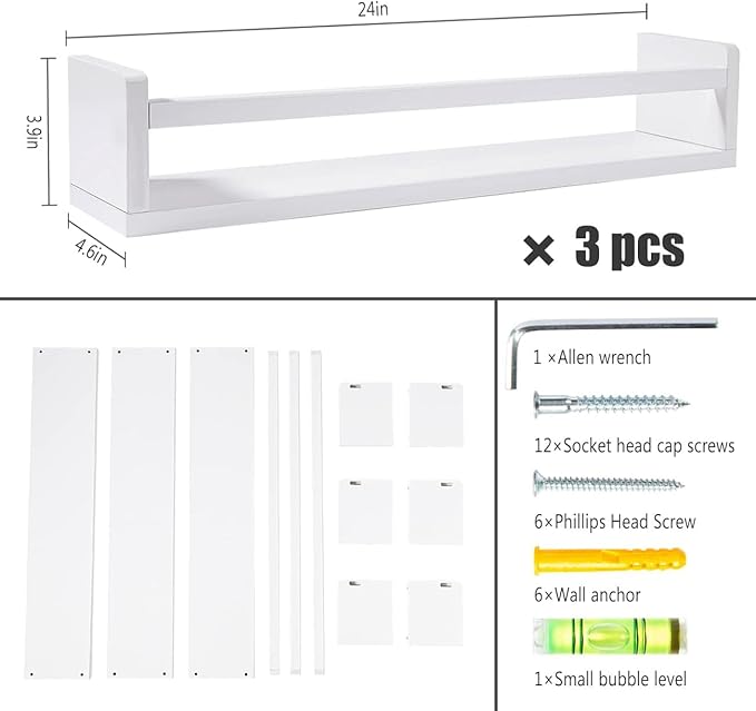 AZSKY Nursery Bookshelves White, 24 Inch Floating Bookshelves for Wall Set of 3, Baby Kids Decor, Solid Wood Wall Mounted Shelves for Books, Toys and Decor Storage-Ruum Studio Home