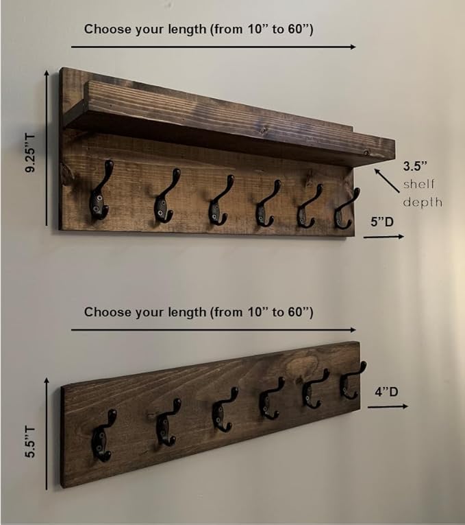 Coat Rack with Shelf Wall Mounted with Storage (Choose Your Length) Towel Rack Entryway Organizer Key Hooks (20" L (5 Hooks) Set of 2)-Ruum Studio Home