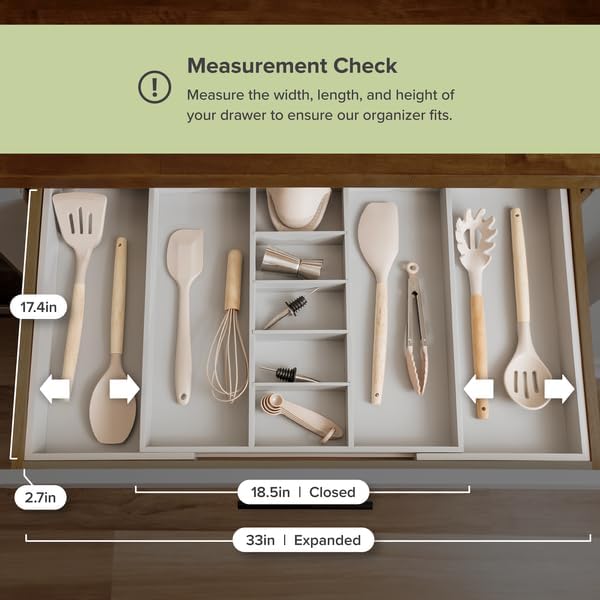 Adjustable Kitchen Drawer Organizer for Utensils and Junk, Food-Safe Contract Grade with 100% Sustainable Wood, Expandable from 19 to 33 Inches Wide - Gray Bamboo-Ruum Studio Home