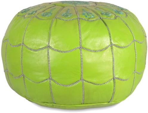 Stuffed Arch Design Moroccan Leather Pouf Ottoman, Handmade, Pre-Filled, 100% Genuine Leather, 14” Height x 22” Diameter – Boho Chic Footstool & Living Room Décor (Lime Green)-Ruum Studio Home