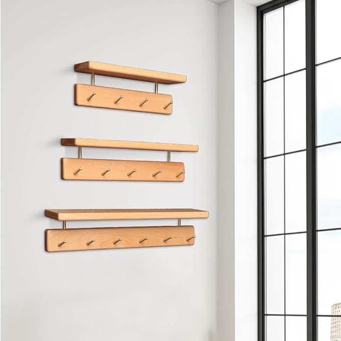 Shelf with Hooks, Solid Wood Bedroom Shelves for Wall, Wooden Coat Rack Wall Mount for Bathroom, Kitchen, Door Entryway (Beech, 30cm/11.81inch)-Ruum Studio Home