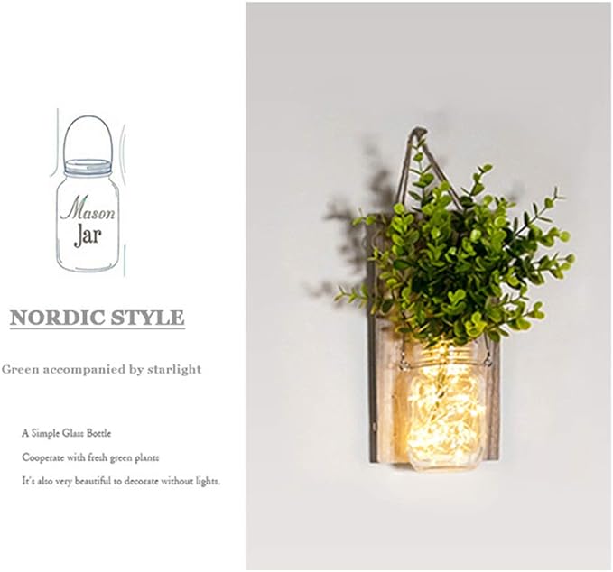 Rustic Wall Sconces, Mason Jar Sconces, Farmhouse Home Decor, LED Fairy Lights, Green Fake Plant, Interior Decoration Warm Toned Lighting. (2 Pack)-Ruum Studio Home