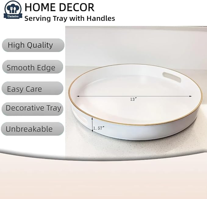 13" Round Decorative Tray, White Serving Tray with Handles, Plastic Coffee Table Tray for Ottoman, Living Room, Bathroom, Décor.-Ruum Studio Home