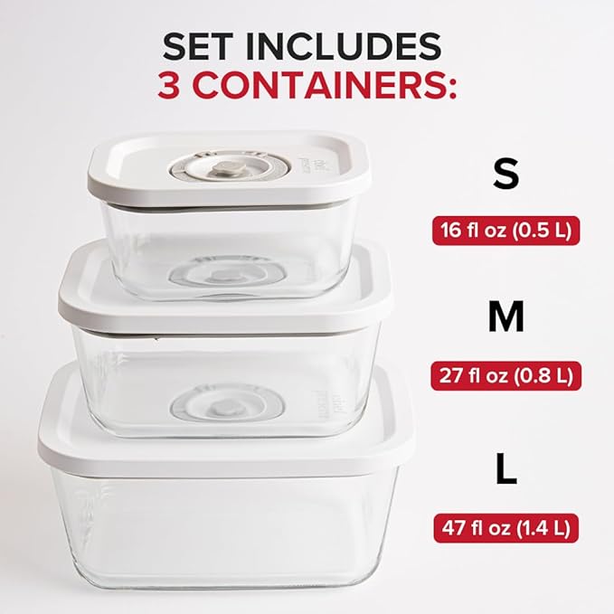 Chef Preserve Glass Vacuum Seal Containers for Food Storage, Made For Compact Vacuum Sealer, 3pcs set [1x Small, 1x Medium, 1x Large] Works With Handheld Vacuum Sealer Machine-Ruum Studio Home