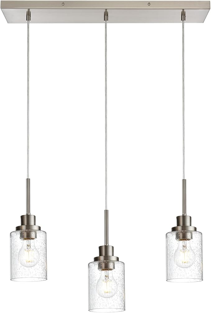 3-Light Farmhouse Chandelier Light Fixture Brushed Nickel Clear Seeded Glass Dining Room Hanging Modern Pendant Lighting Over Table,Traditional Ceiling Lights for Kitchen Island Entryway-Ruum Studio Home
