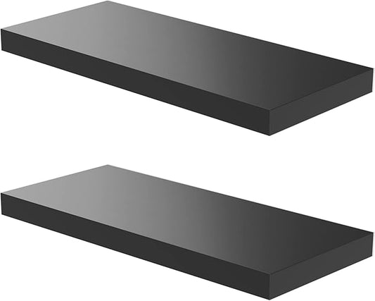 Floating Shelf, Set of 2 Wall Shelf, 24 in W x 12.75 in D x 2 in H Wooden Floating Wall Shelf with Invisible Brackets for Living Room/Bedroom/Bathroom/Kitchen Storage and Decor, Black-Ruum Studio Home