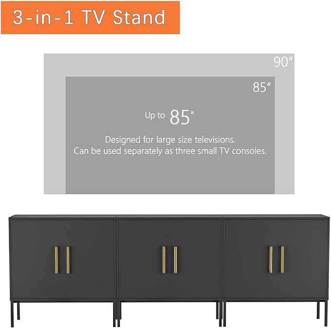 LYNSOM TV Stand for 85 Inch TV, Media Entertainment Center Console Table, 3 Cabinets, TV Console Table with Storage Cabinet for Bedroom, Living Room, Entertainment Room (Black)-Ruum Studio Home