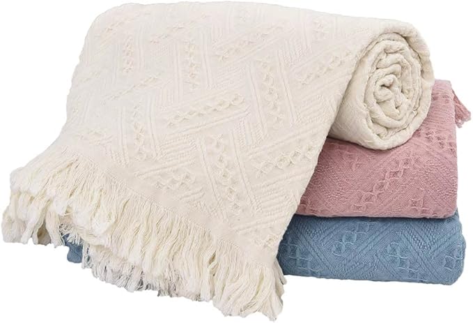 Simple&Opulence 100% Cotton Throw Blanket for Bed, Couch, Boho Luxury Geometric Knit Woven Blanket with Tassels Soft Lightweight Cozy Breathable, Vintage Farmhouse Decoration for All-Season(White)-Ruum Studio Home