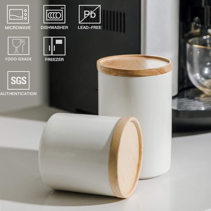Sweejar Kitchen Canisters Ceramic Food Storage Jar, Stackable Containers with Airtight Seal Wooden Lid for Serving Ground Coffee, Tea, Sugar, Salt and More - 16 Fl Oz (White)-Ruum Studio Home
