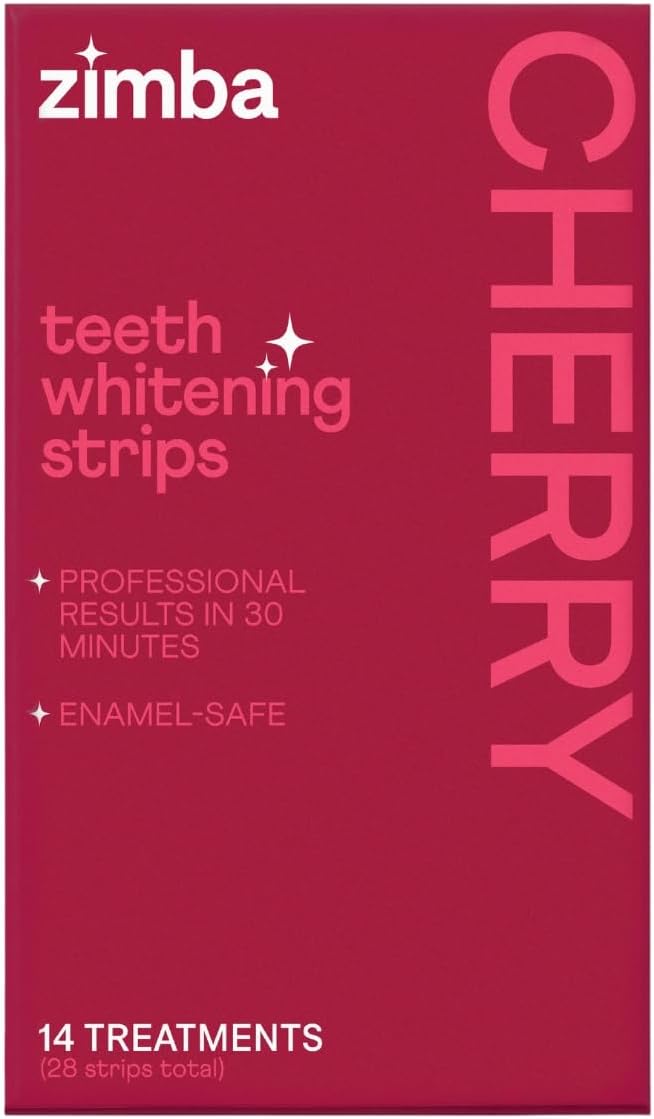 New Zimba Cherry Flavored Teeth Whitening Strips | Vegan, Enamel Safe Hydrogen Peroxide Teeth Whitener for Coffee, Wine, Tobacco, and Other Stains | 14 Day Treatment | Cherry-Ruum Studio Home