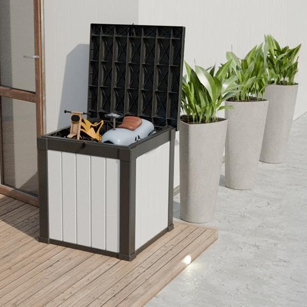 50-Gallon Outdoor Deck Box,Storage Lockable Waterproof Patio Furniture,Garden Tools,Cushions,Pool Accessories Outside Storage Resin Box(Black and White)-Ruum Studio Home