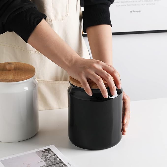 Sweejar Ceramic Kitchen Canisters, 58 FLOZ Porcelain Food Storage Jar with Airtight Seal Wooden Lid, Home Container Serving for Coffee Beans, Tea-leave, Sugar, Salt and More, Tool Bucket (Black)-Ruum Studio Home