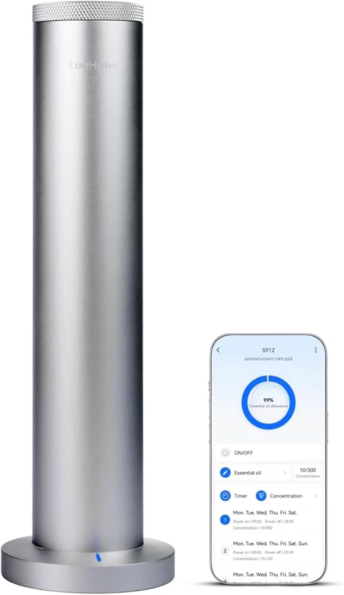 Wireless Essential Oil Diffuser: Smart Anti-Tip Aroma Diffuser with 3 Mist Modes, 1200 sq ft Coverage, Bluetooth Remote Control, Timer, Quiet Metal Body for Hotel Office Bedroom Large Home-Ruum Studio Home