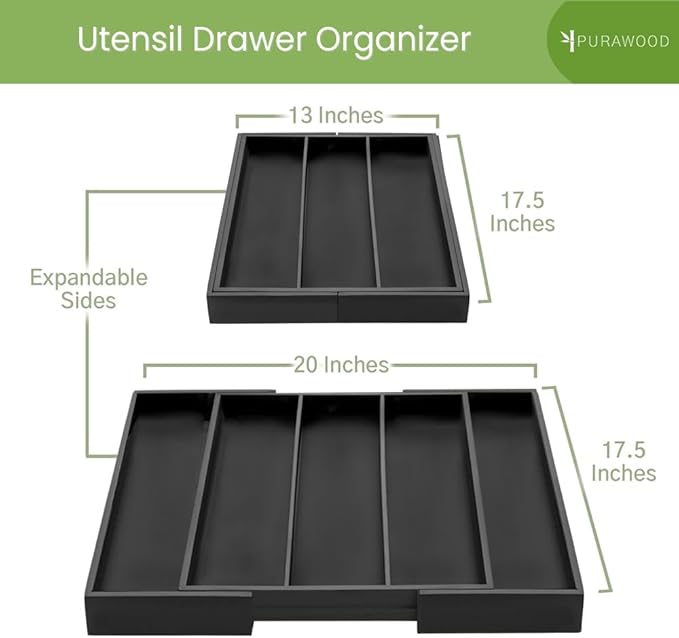 Purawood Kitchen Drawer Organizer - Expandable Utensil Organizer for Kitchen, Cutlery Tray & Silverware Organizer, 3-5 Slots - Bamboo Drawer Organizer for Utensils & Flatware (Black)-Ruum Studio Home