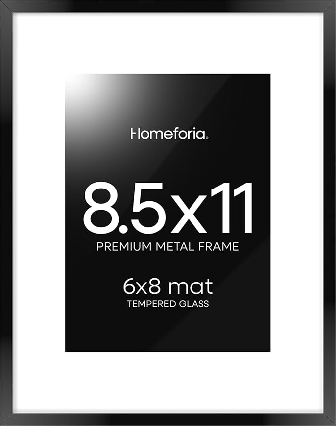 Homeforia Black Picture Frame 8.5 x 11, High End Metal 8.5x11 Poster Frames with Mat 6x8 Photo, 8.5 x 11 Frame Matted to 6 by 8 Art, 8.5by11 Wall or Tabletop Frames, Tempered Glass, Wall Kit, Set of 1-Ruum Studio Home