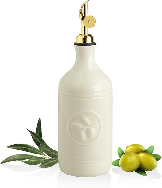 Sweejar 16 Oz Ceramic Olive Oil Dispenser Bottle, Oil Dispenser for Kitchen with Gravity Spout, Relief Opaque Oil Container for Evoo, Avocado Oil, Vinegar, Soy Sauce, 1 Pack(Beige, Gold Spout)-Ruum Studio Home