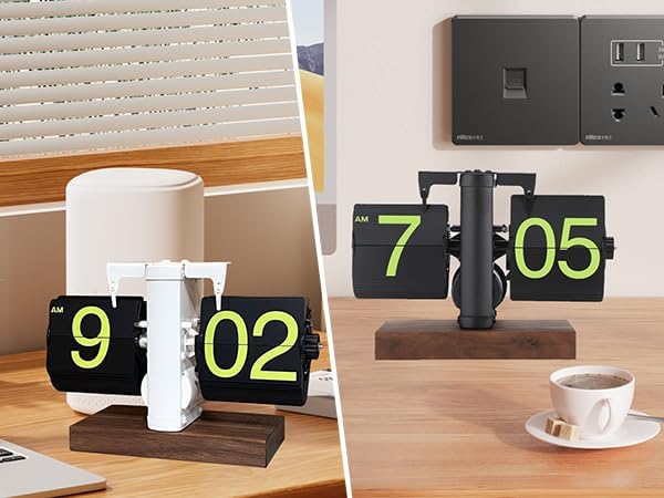 Flip Desk Clock, Retro Vintage Flip Desk Table Clock, Digital Clock Sided Large Numbers Mechanical Flip Clock Wood Base for Living Room, Study Room and Office（Frosted White）-Ruum Studio Home