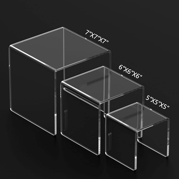 HIIMIEI Clear Acrylic Display Risers 2 Sets, 3-Tier Risers Stands Showcase for Amiibo Funko Pop Figures, Dessert, Jewelry-5"x6"x7"-Ruum Studio Home