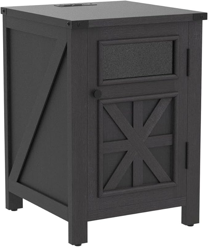 JXQTLINGMU Farmhouse End Table with Charging Station, 18'' Rustic Nightstand with Barn Door & Adjustable Shelf, Wooden Sofa Side Table with 3-Tier Storage for Living Room, Bedroom, Black-Ruum Studio Home