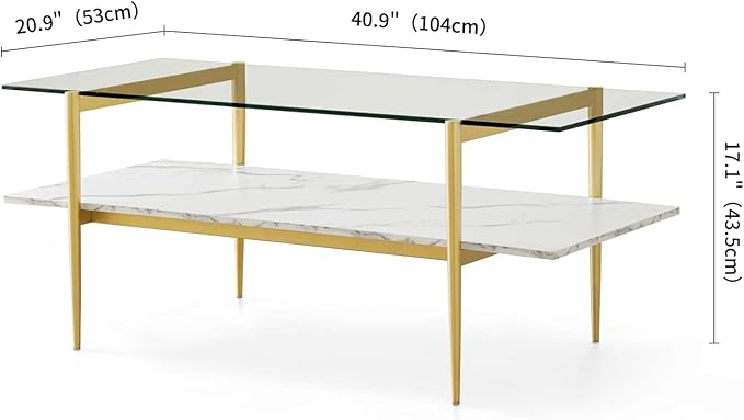 Rectangle Coffee Table for Living Room, Mid-Century Modern Design, L41 x W21 x H17, 2-Tier Structure, Clear Glass Top and White Marble Finish Wood Shelf, Conical Legs with Gold Finish-Ruum Studio Home