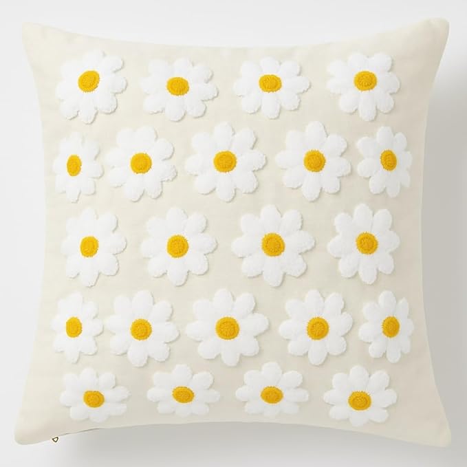 katre home madame & textile Throw Pillow Cover – Handcrafted Daisy Design on Natural Cotton – 18x18 inch – Decorative Punch Needle Cushion Cover – Boho Floral Accent Pillowcase-Ruum Studio Home