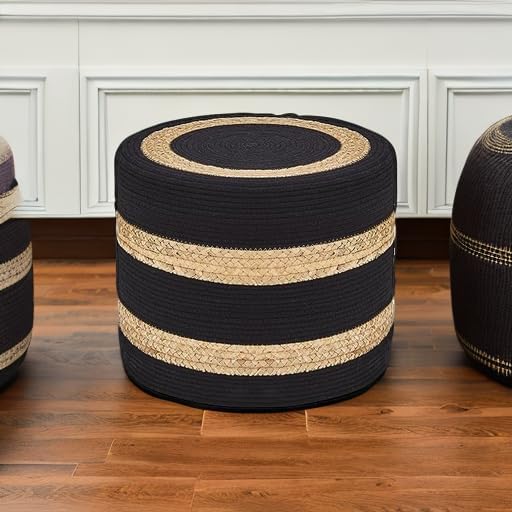 Wimarsbon 18'' Ottoman Pouf, Natural Braided Poof, Rustic Handweave Lounge Pouffe, Boho Footrest Stool for Bedroom, Accent Table or Seat for Living Room (Natural Water Hyacinth + Black Cotton Rope)-Ruum Studio Home