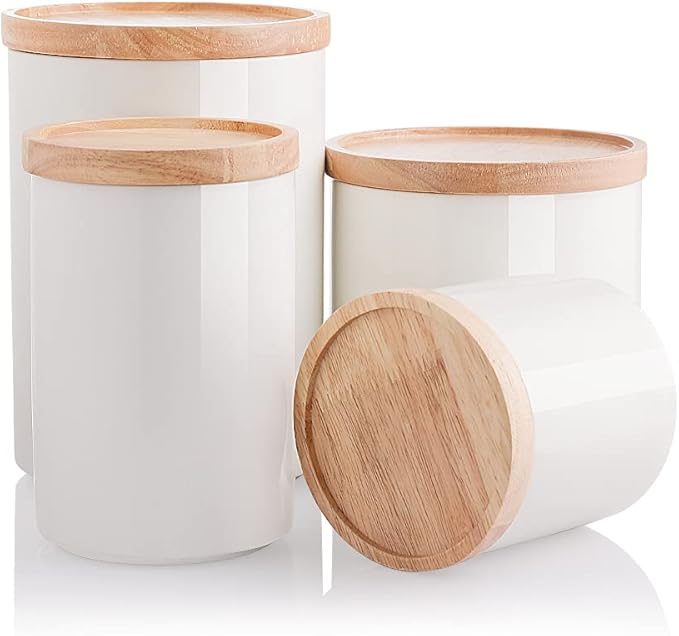 Sweejar Kitchen Canisters Ceramic Food Storage Jar Set, Stackable Containers with Airtight Seal Wooden Lid for Serving Ground Coffee, Tea, Herbs, Grains, Sugar, Salt - Set of 4 (White)-Ruum Studio Home