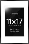 Homeforia 11 x 17 Picture Frame Black, High End Metal 11x17 Poster Frames with Mat 8x12 for Photo, 11 x 17 Black Frame Matted to 8 x 12 inch Print, 17x11 Thin Frame, Tempered Glass, Wall Kit, Set of 1-Ruum Studio Home