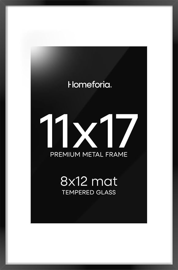 Homeforia 11 x 17 Picture Frame Black, High End Metal 11x17 Poster Frames with Mat 8x12 for Photo, 11 x 17 Black Frame Matted to 8 x 12 inch Print, 17x11 Thin Frame, Tempered Glass, Wall Kit, Set of 1-Ruum Studio Home