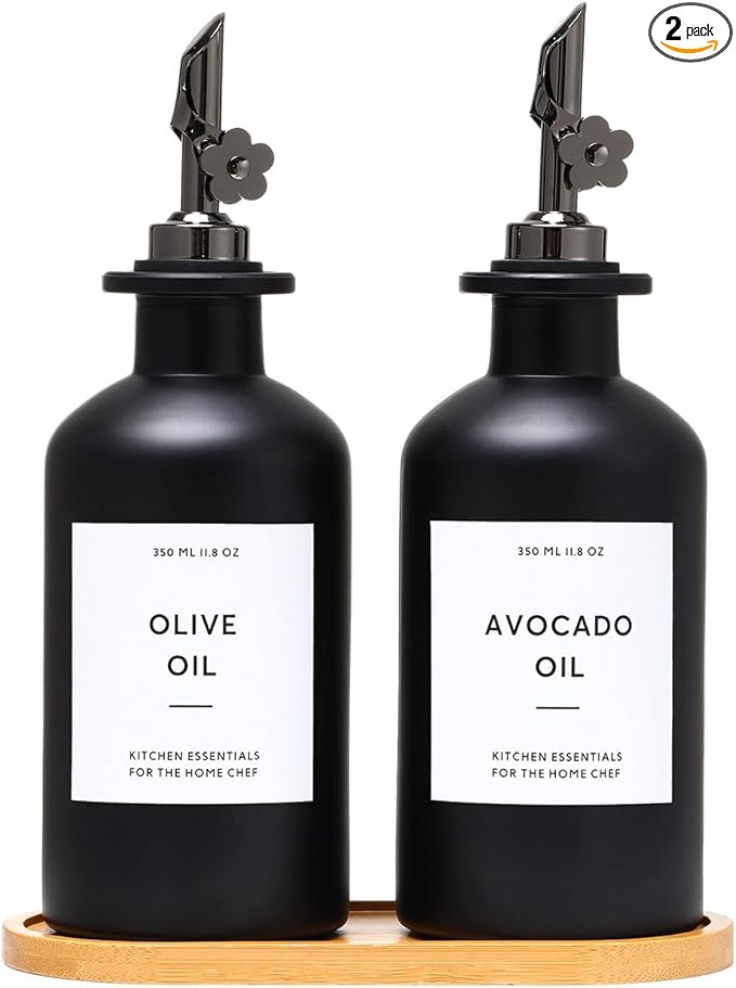 HOMCDALY Olive Oil Dispenser for Kitchen, 11.8oz Glass Kitchen Dispenser Bottle, Black Oil&Vinegar Cruet Set, Leakproof Olive Oil Bottles | Set of 2 (11.8oz – Black)-Ruum Studio Home
