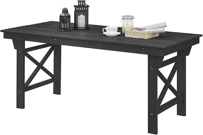 HDPE Outdoor Dining Table, 66.9” Rectangle Patio Dining Table for 6, All-Weather HDPE Outdoor Table with 2.2” Umbrella Hole, HDPE Patio Furniture for Deck, Backyard, Garden, Pool, Obsidian-Ruum Studio Home