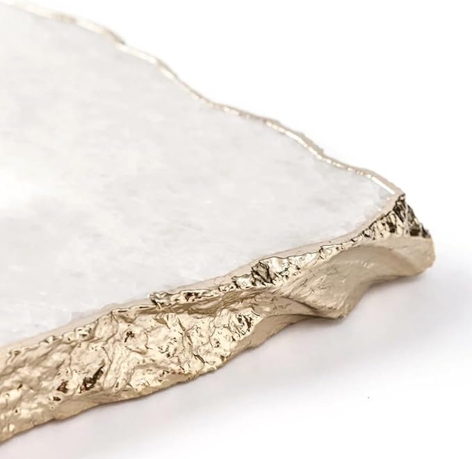 Generic White Quartz Agate Cheese Board Platter Tray Gold Plated Edges Agate Slab for Table Centrepiece Geode Stone Gifts For House Warming, Engagement, Wedding, Christmas-Ruum Studio Home