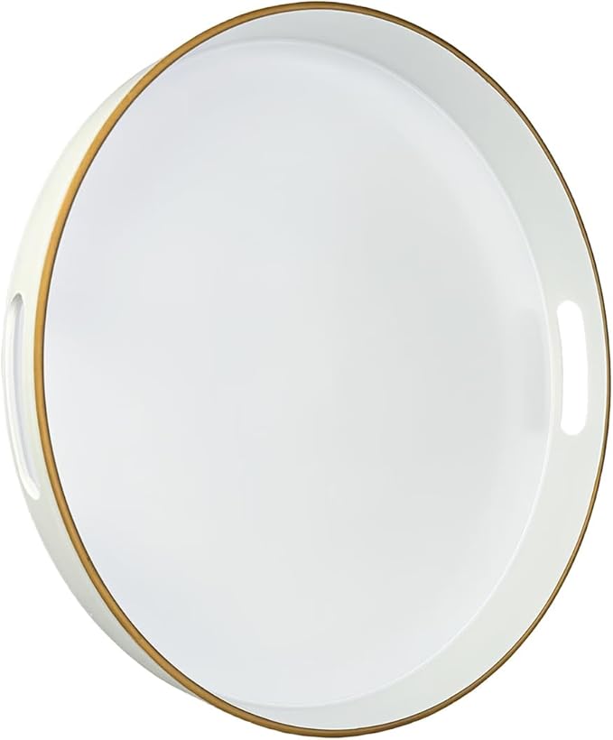 13" Round Decorative Tray, White Serving Tray with Handles, Plastic Coffee Table Tray for Ottoman, Living Room, Bathroom, Décor.-Ruum Studio Home